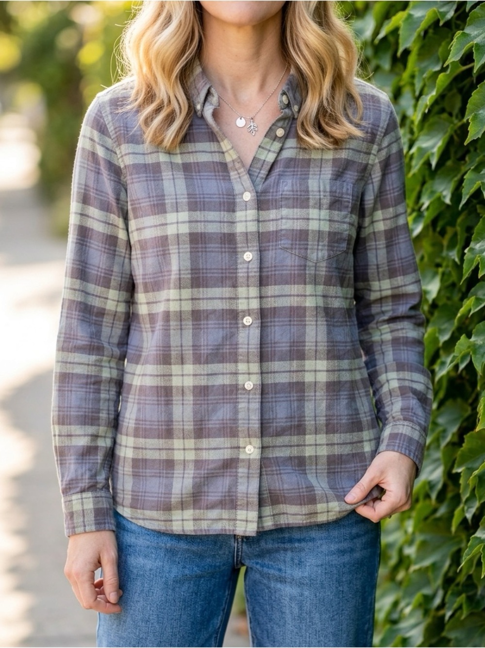 L.L. Bean Woman’s Plaid Button-Down in Sage Green, Slate and Lavender